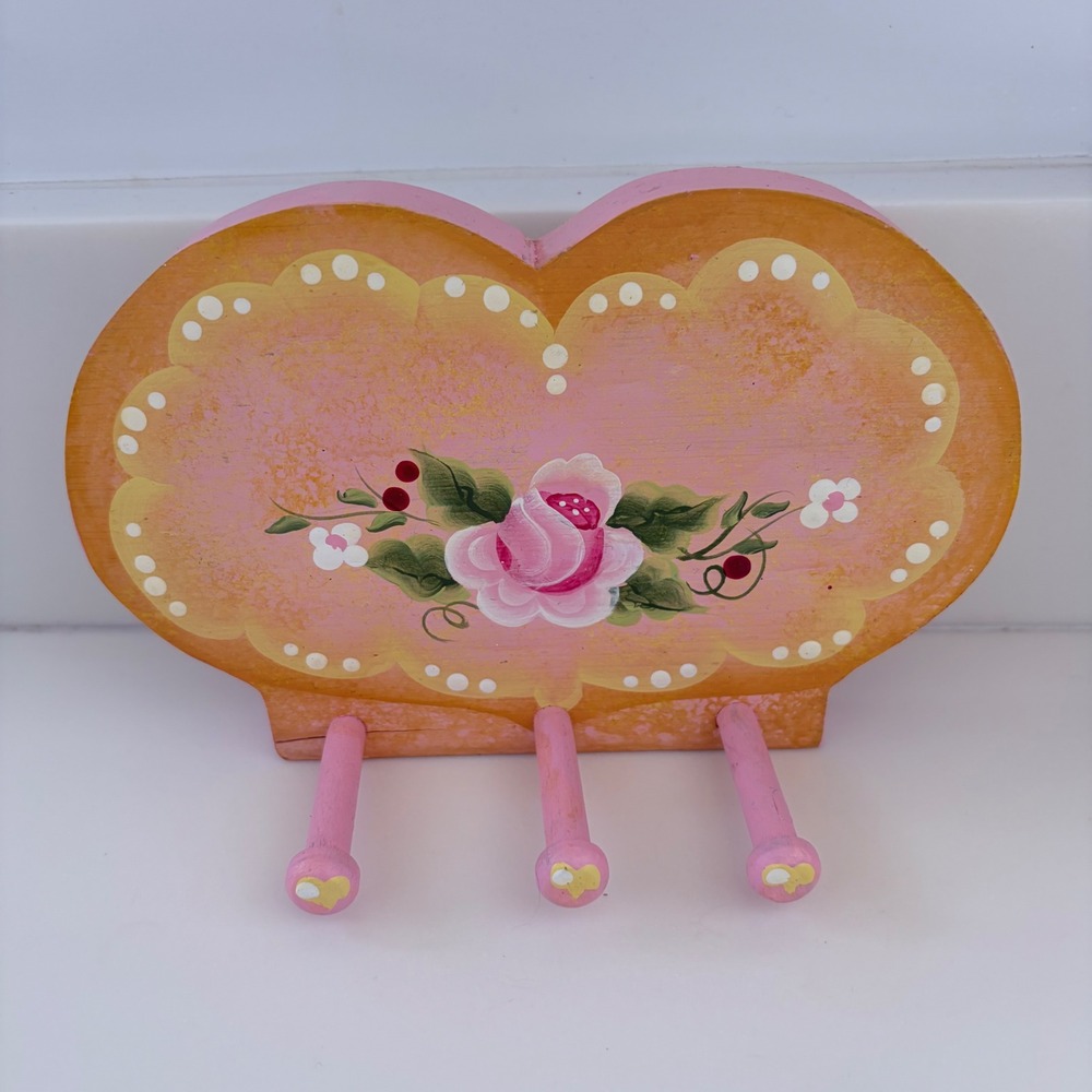 Vintage Hand Painted Wood Heart Wall Rack 3 Pegs Pink Floral Cottagecore Rose